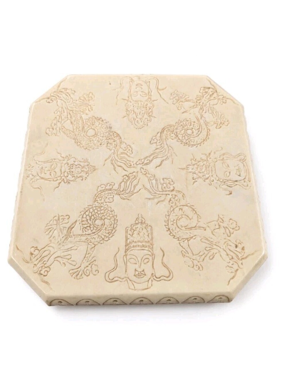Vintage Chinese Dragon Trivet Hot Plate Cast Stone 9x9 Heavy Asian Decor